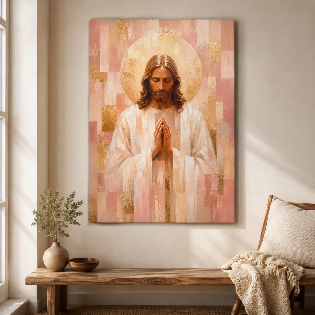 Blush Pink and Gold Geometric Praying Jesus Canvas - Modern Christian Decor