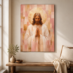 Blush Pink and Gold Geometric Praying Jesus Canvas - Modern Christian Decor