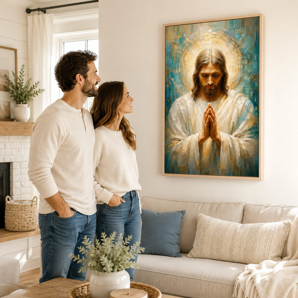 Impasto Jesus in Prayer Canvas Print - Blue Religious Wall Decor