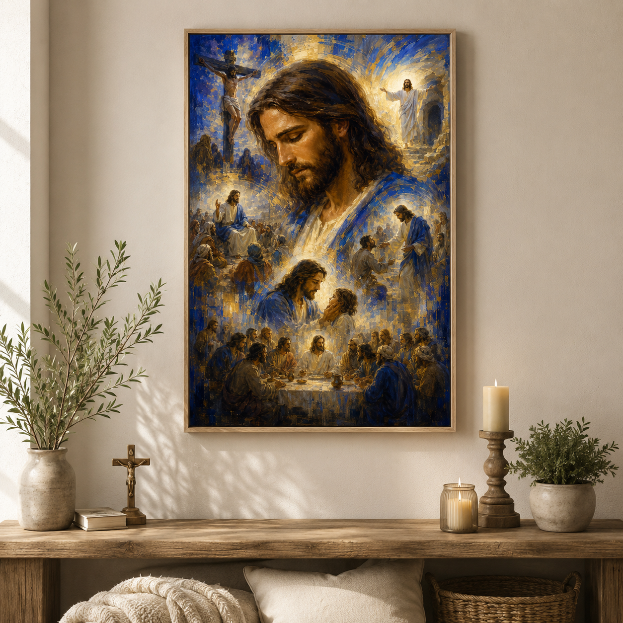 Impressionist Jesus Journey Montage Canvas Print - Blue Religious Wall Decor