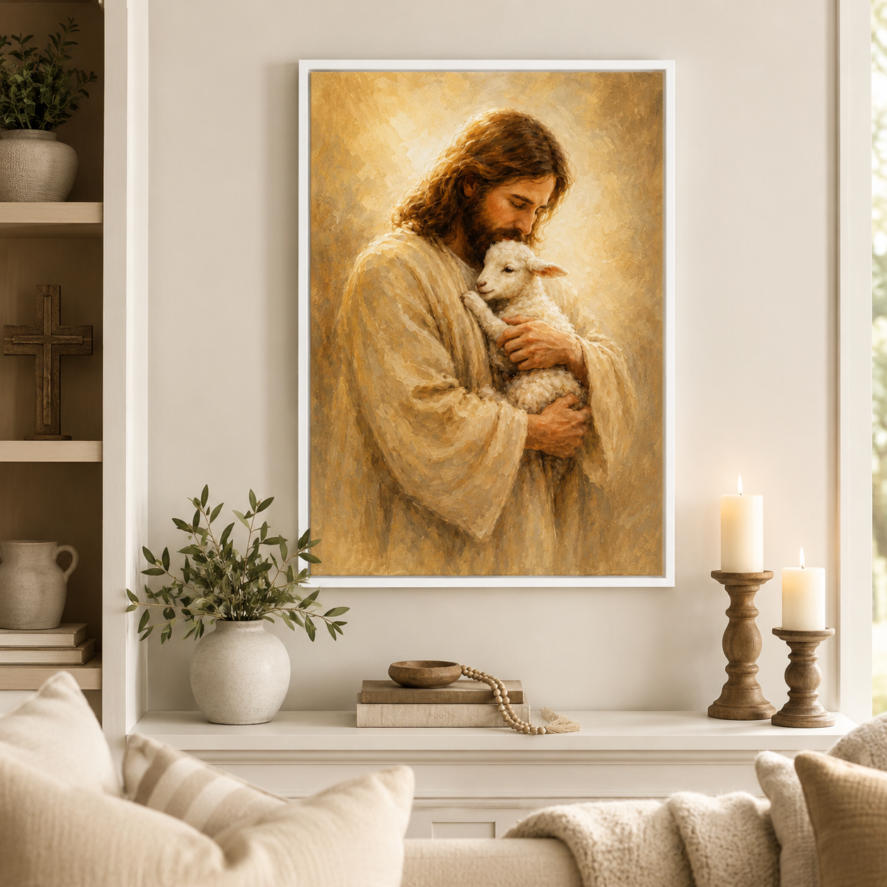 The Good Shepherd Jesus and Lamb Canvas Wall Art - Christian Home Decor