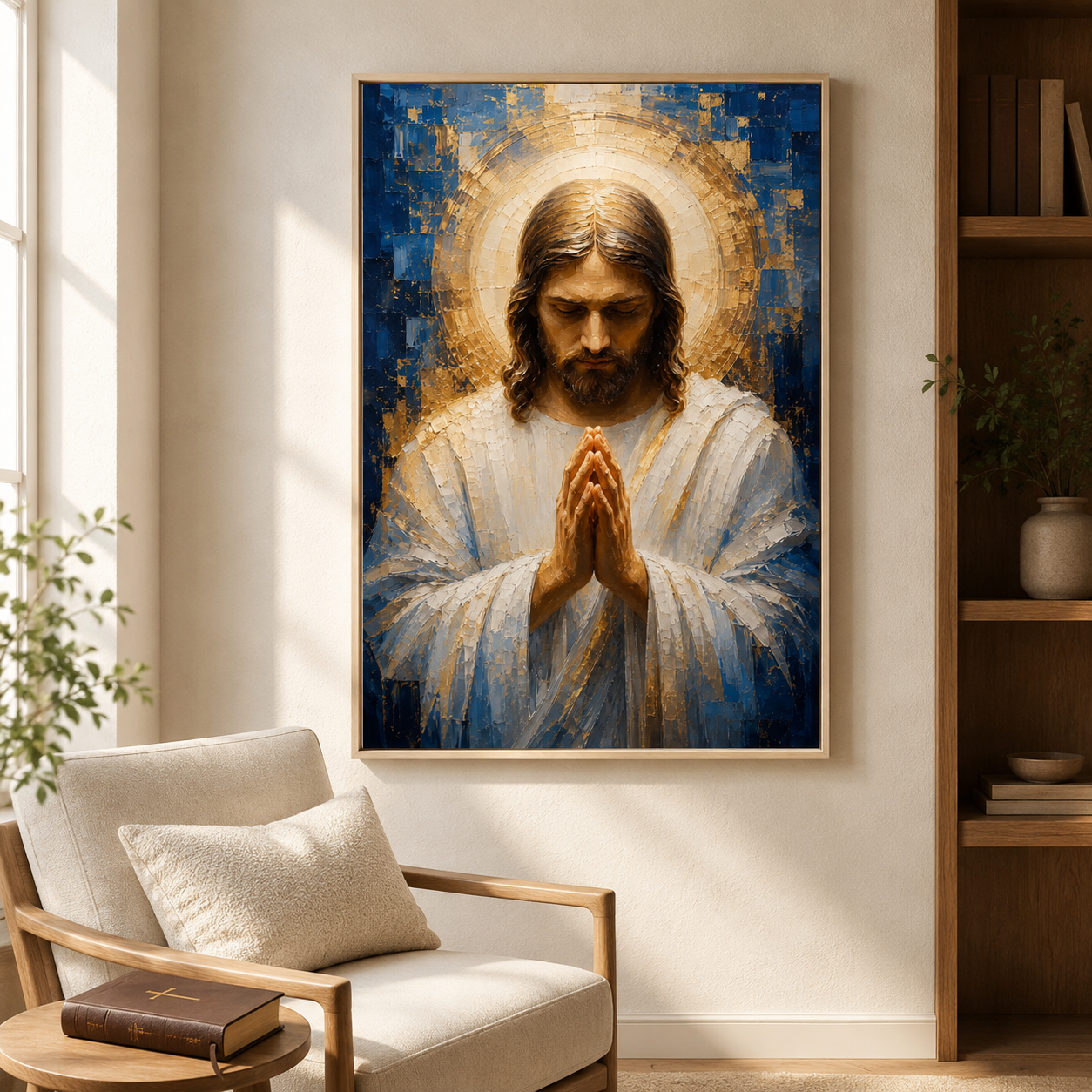 Blue and Gold Praying Jesus Canvas Wall Art - Textured Christian Decor