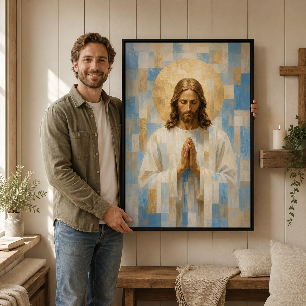 Light Blue and Gold Geometric Praying Jesus Canvas - Modern Christian Decor