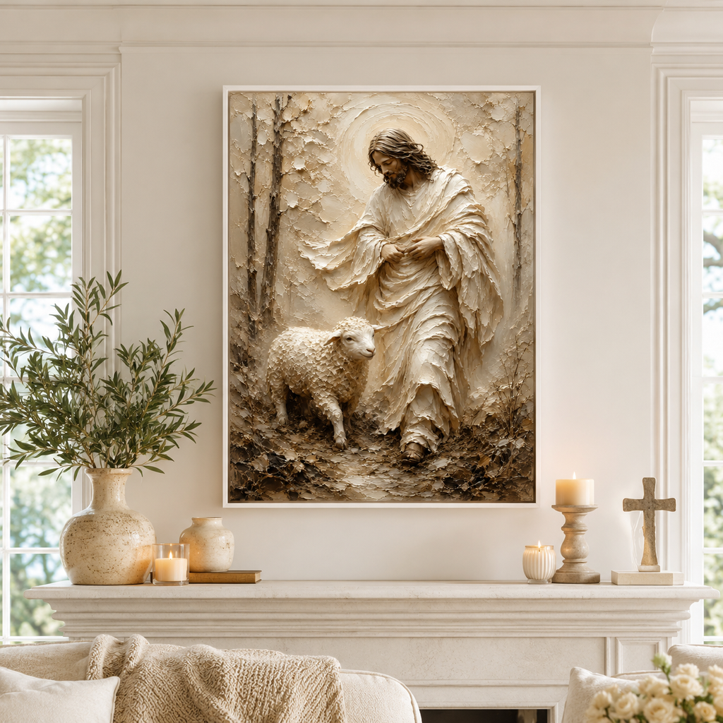 Jesus and Lamb Impasto Style Canvas Print - Modern Farmhouse Religious Art
