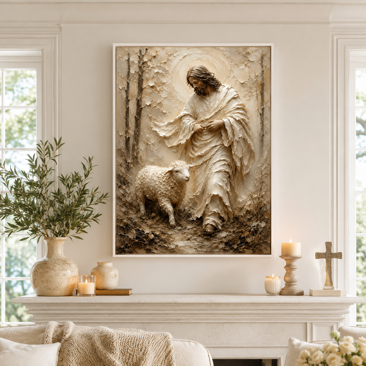 Jesus and Lamb Impasto Style Canvas Print - Modern Farmhouse Religious Art