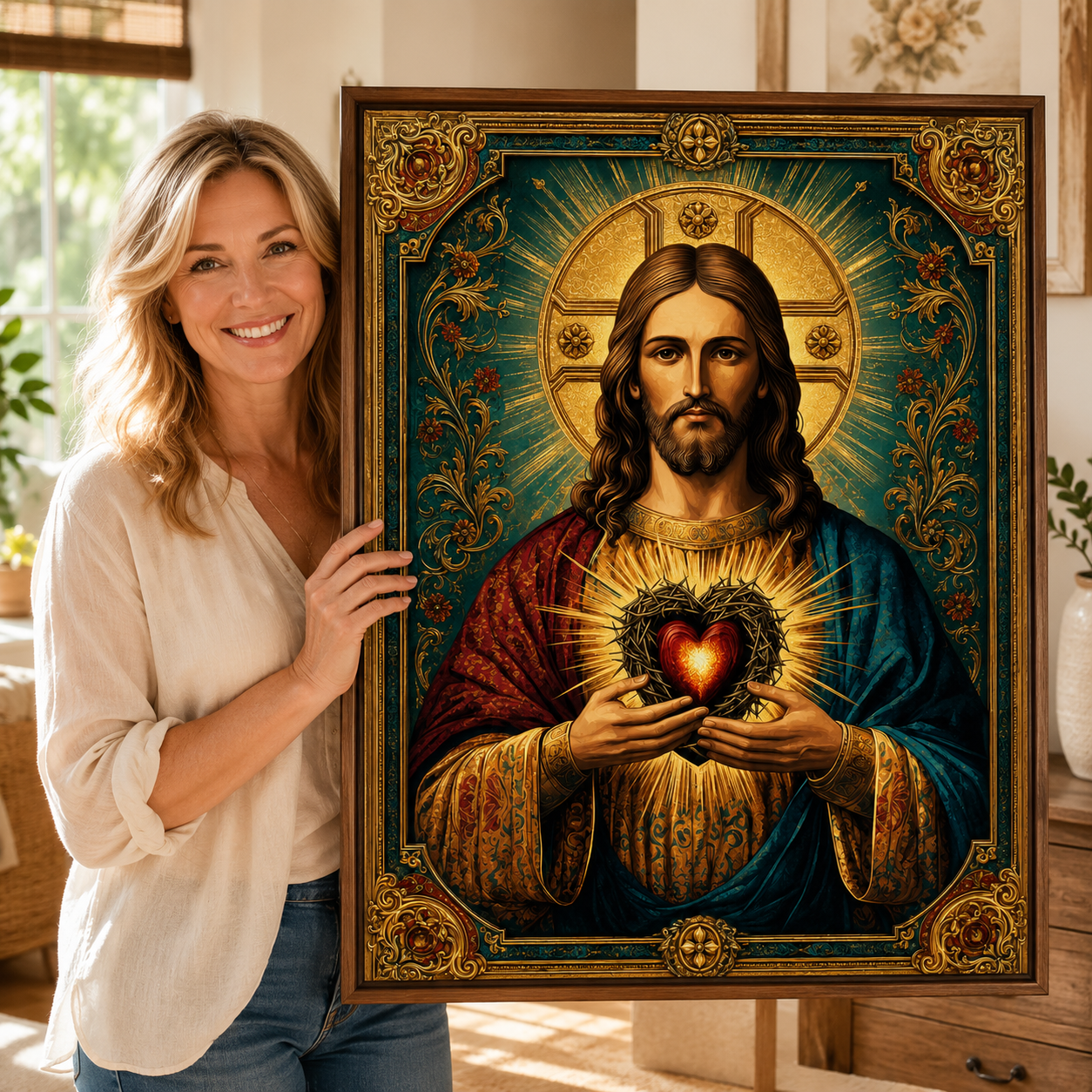 Sacred Heart of Jesus Canvas Wall Art, Catholic Christian Jesus Portrait, Vintage Religious Wall Decor, Framed Christian Gift