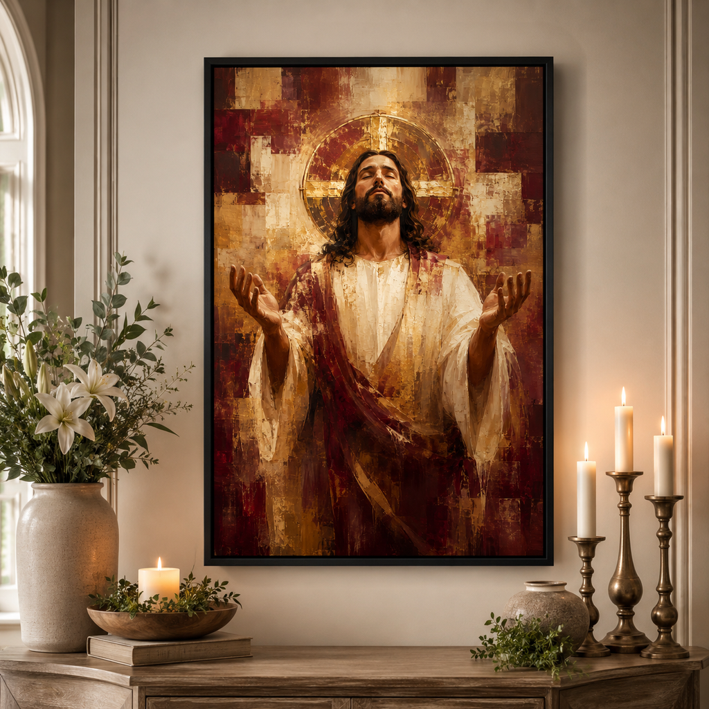 The Divine Surrender: Premium Burgundy & Gold Jesus Canvas