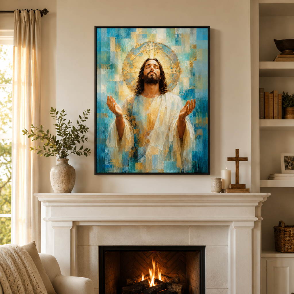 The Divine Embrace: Premium Blue & Gold Jesus Canvas