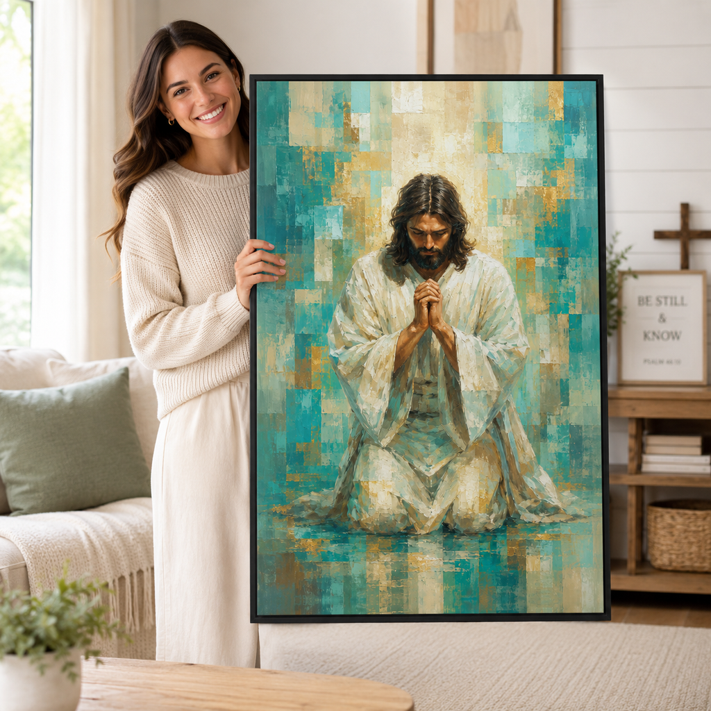 Divine Radiance: Premium Teal & Gold Jesus Canvas