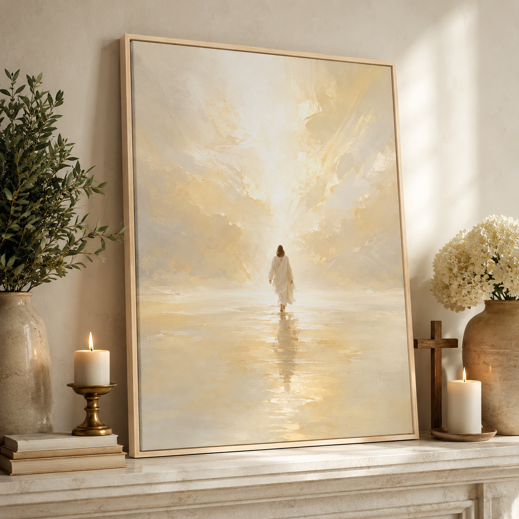 Abstract "Into the Light" Jesus Canvas Wall Art - Golden Christian Home Decor