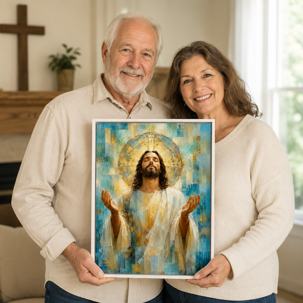 The Divine Embrace: Premium Blue & Gold Jesus Canvas
