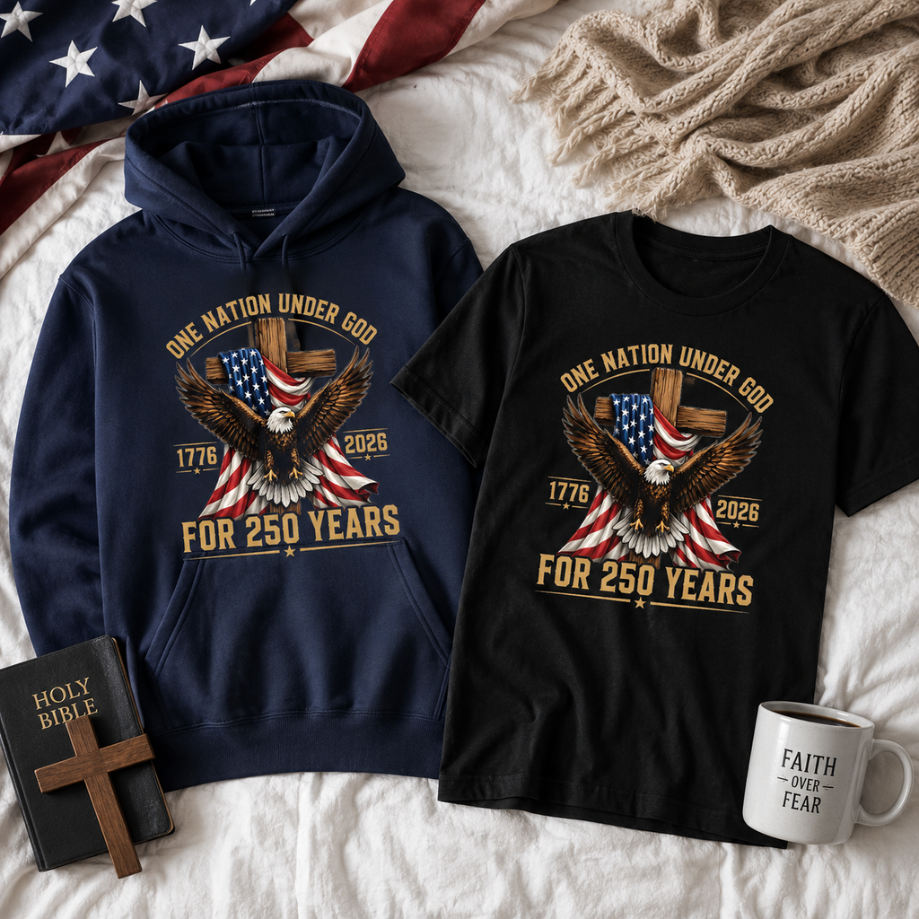 One Nation Under God for 250 Years Unisex T-shirt, Women's T-shirt, Unisex Long Sleeve, Sweatshirt, Hoodie, Zip Hoodie