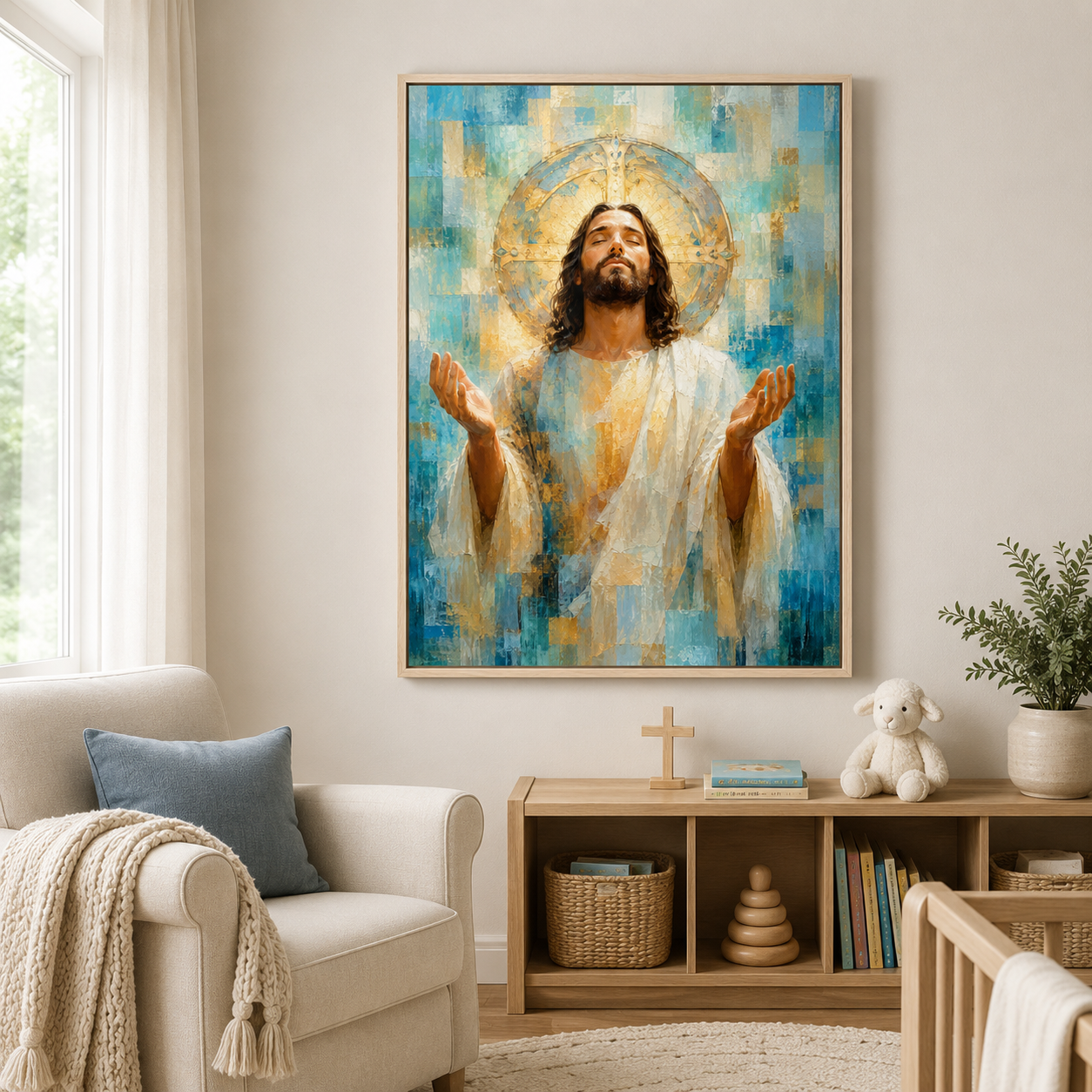 The Divine Embrace: Premium Blue & Gold Jesus Canvas