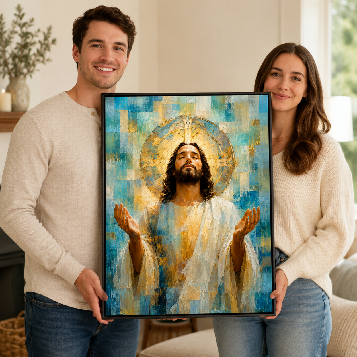 The Divine Embrace: Premium Blue & Gold Jesus Canvas