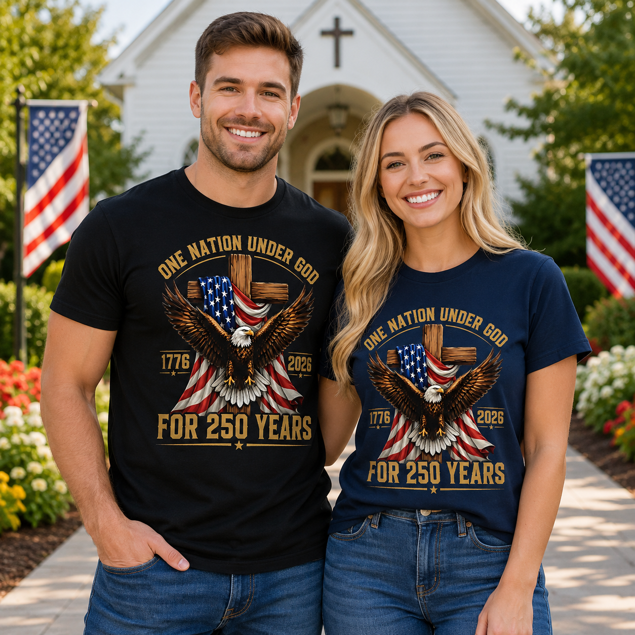 One Nation Under God for 250 Years Unisex T-shirt, Women's T-shirt, Unisex Long Sleeve, Sweatshirt, Hoodie, Zip Hoodie