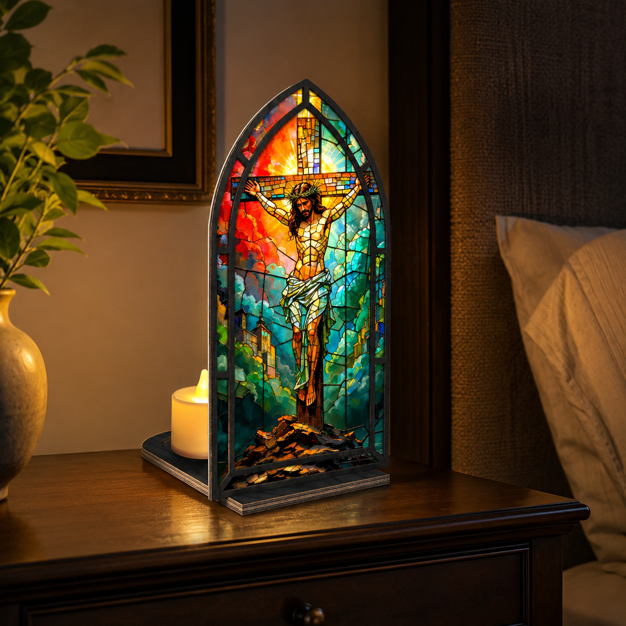 Sacred Heart Jesus Tabletop Decor: Stained Glass Aesthetic (Premium Acrylic & Wood - No Candles))