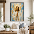 Light Blue and Gold Geometric Praying Jesus Canvas - Modern Christian Decor