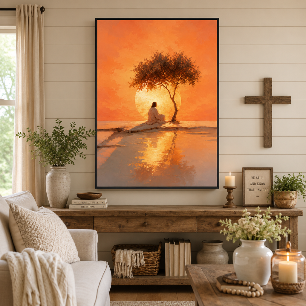 The Glowing Dawn: Premium Jesus Landscape Canvas