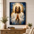 Blue and Gold Praying Jesus Canvas Wall Art - Textured Christian Decor