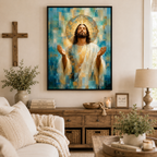 The Divine Embrace: Premium Blue & Gold Jesus Canvas