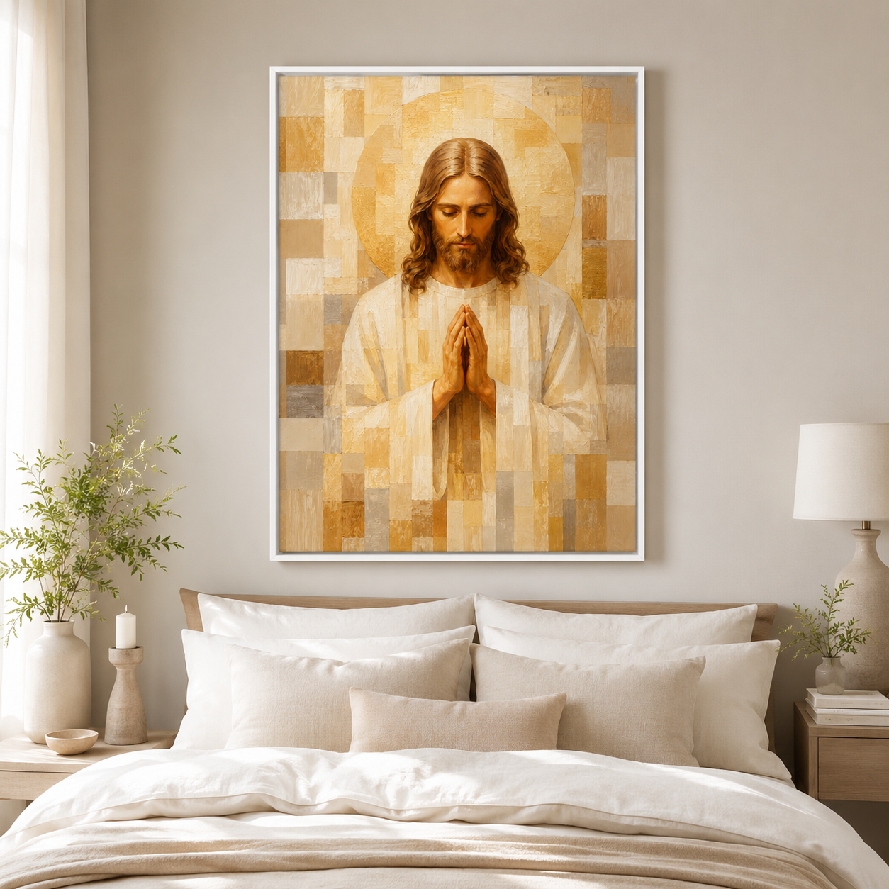 Neutral Geometric Praying Jesus Canvas Wall Art - Modern Christian Decor