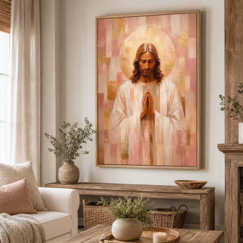 Blush Pink and Gold Geometric Praying Jesus Canvas - Modern Christian Decor