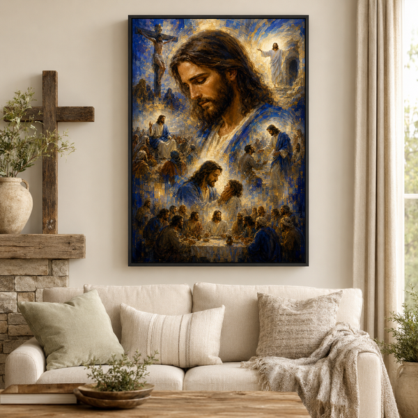 Impressionist Jesus Journey Montage Canvas Print - Blue Religious Wall Decor