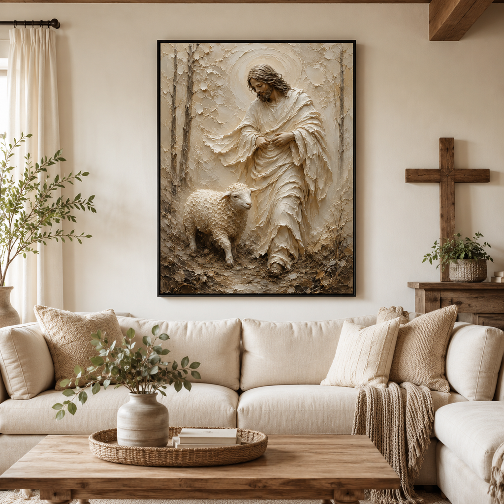 Jesus and Lamb Impasto Style Canvas Print - Modern Farmhouse Religious Art