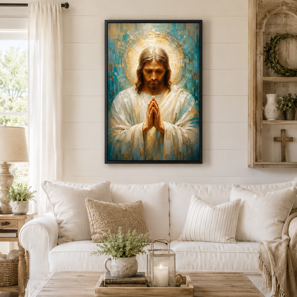 Impasto Jesus in Prayer Canvas Print - Blue Religious Wall Decor