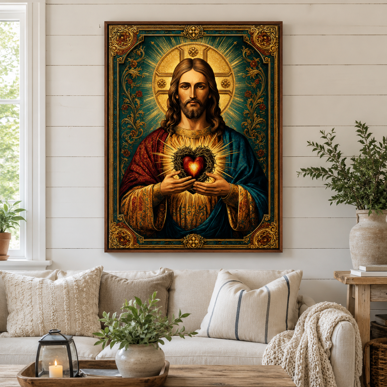Sacred Heart of Jesus Canvas Wall Art, Catholic Christian Jesus Portrait, Vintage Religious Wall Decor, Framed Christian Gift