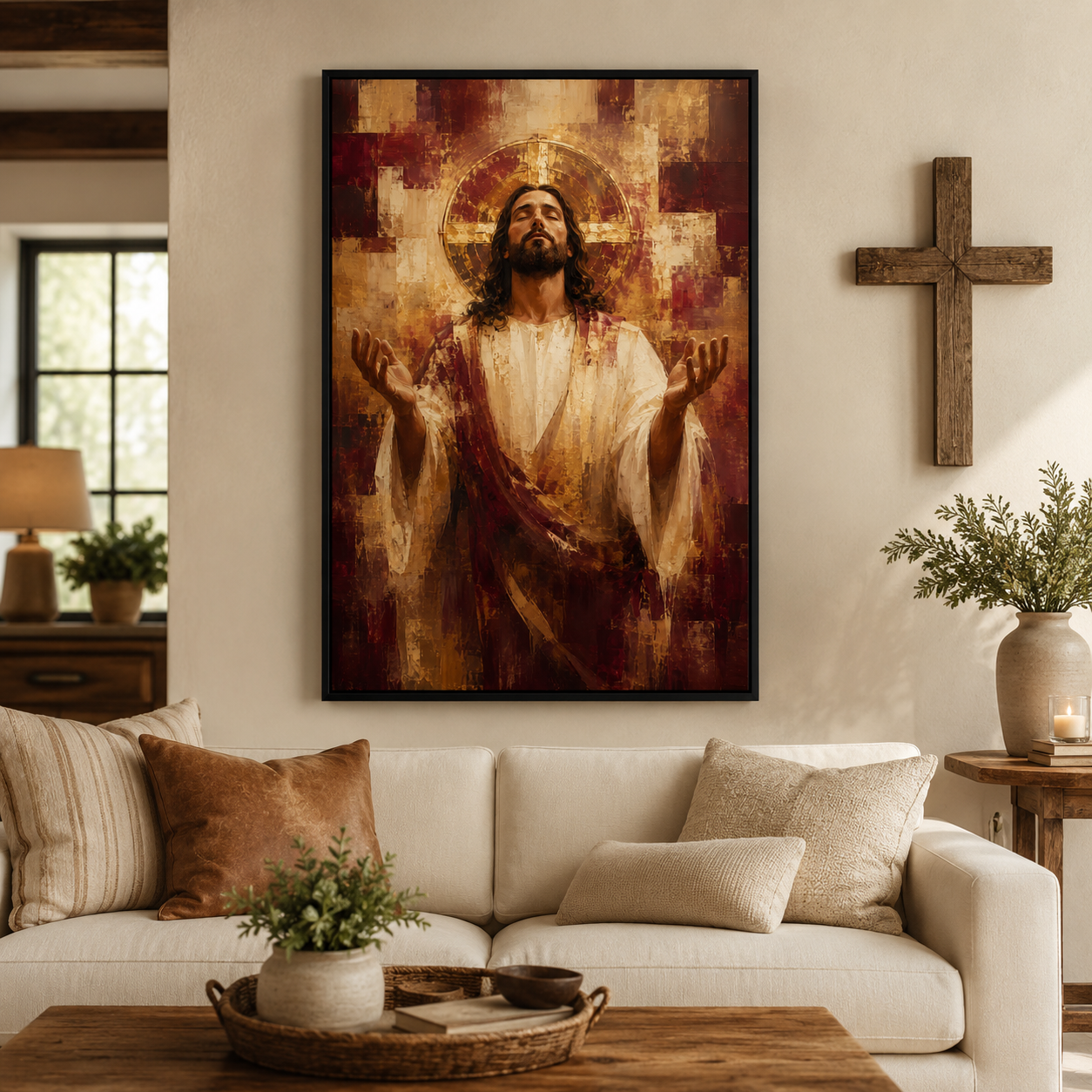 The Divine Surrender: Premium Burgundy & Gold Jesus Canvas