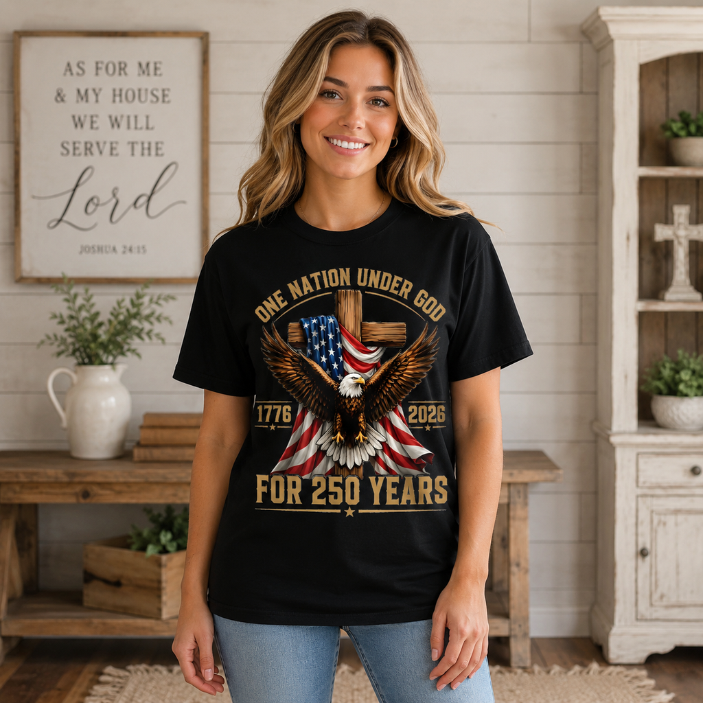 One Nation Under God for 250 Years Unisex T-shirt, Women's T-shirt, Unisex Long Sleeve, Sweatshirt, Hoodie, Zip Hoodie