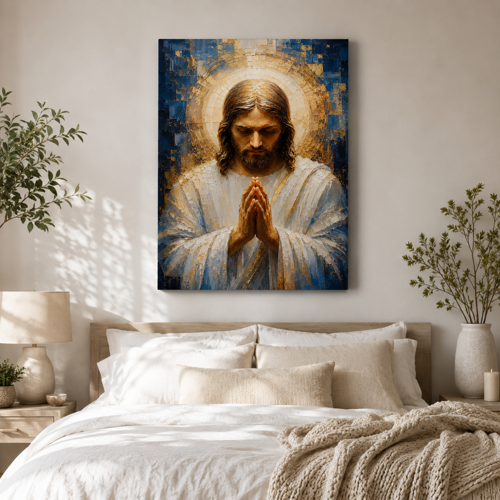 Blue and Gold Praying Jesus Canvas Wall Art - Textured Christian Decor