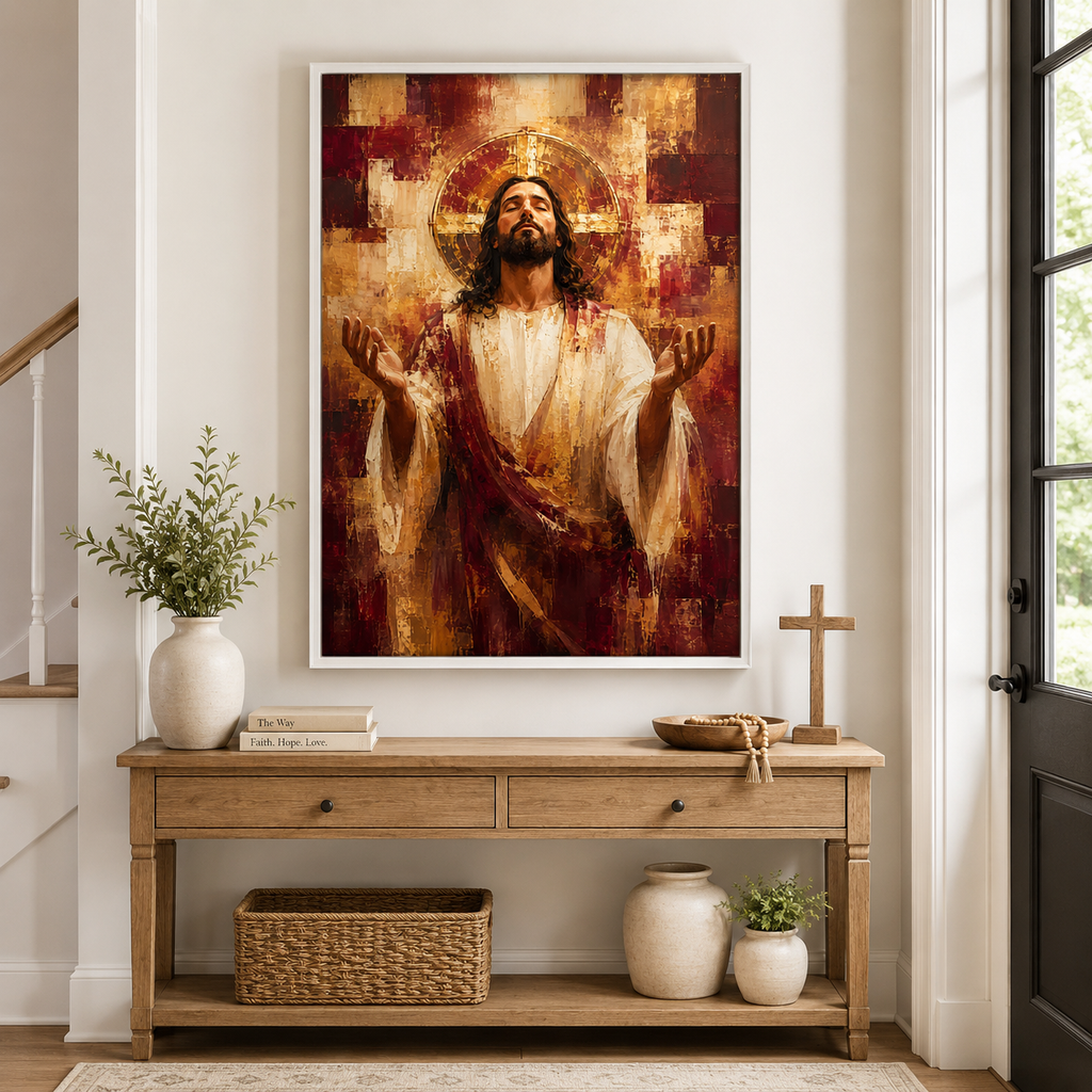 The Divine Surrender: Premium Burgundy & Gold Jesus Canvas