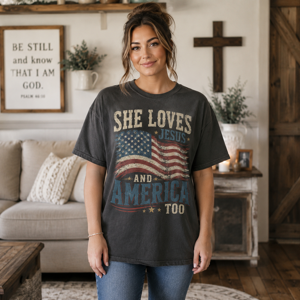 She Loves Jesus And America Too Unisex T-shirt, Women's T-shirt, Unisex Long Sleeve, Sweatshirt, Hoodie, Zip Hoodie