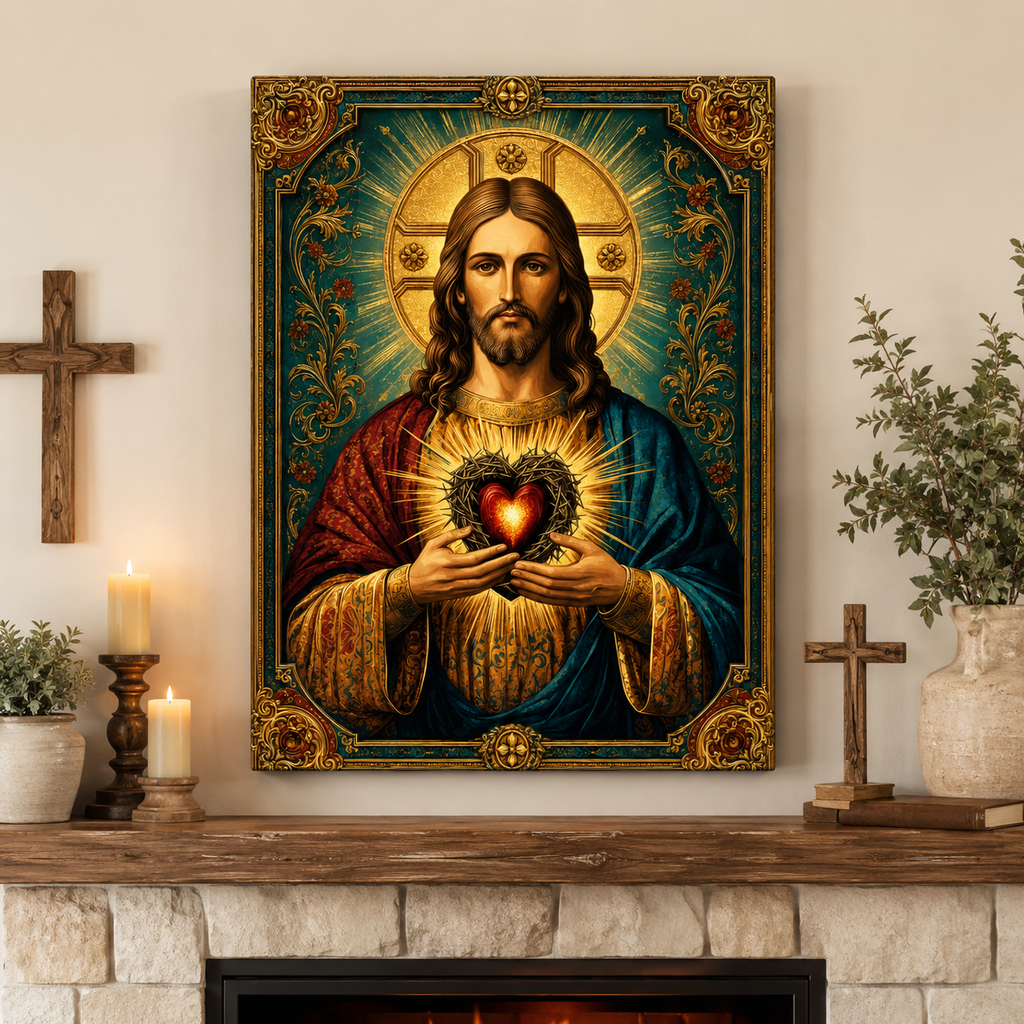 Sacred Heart of Jesus Canvas Wall Art, Catholic Christian Jesus Portrait, Vintage Religious Wall Decor, Framed Christian Gift