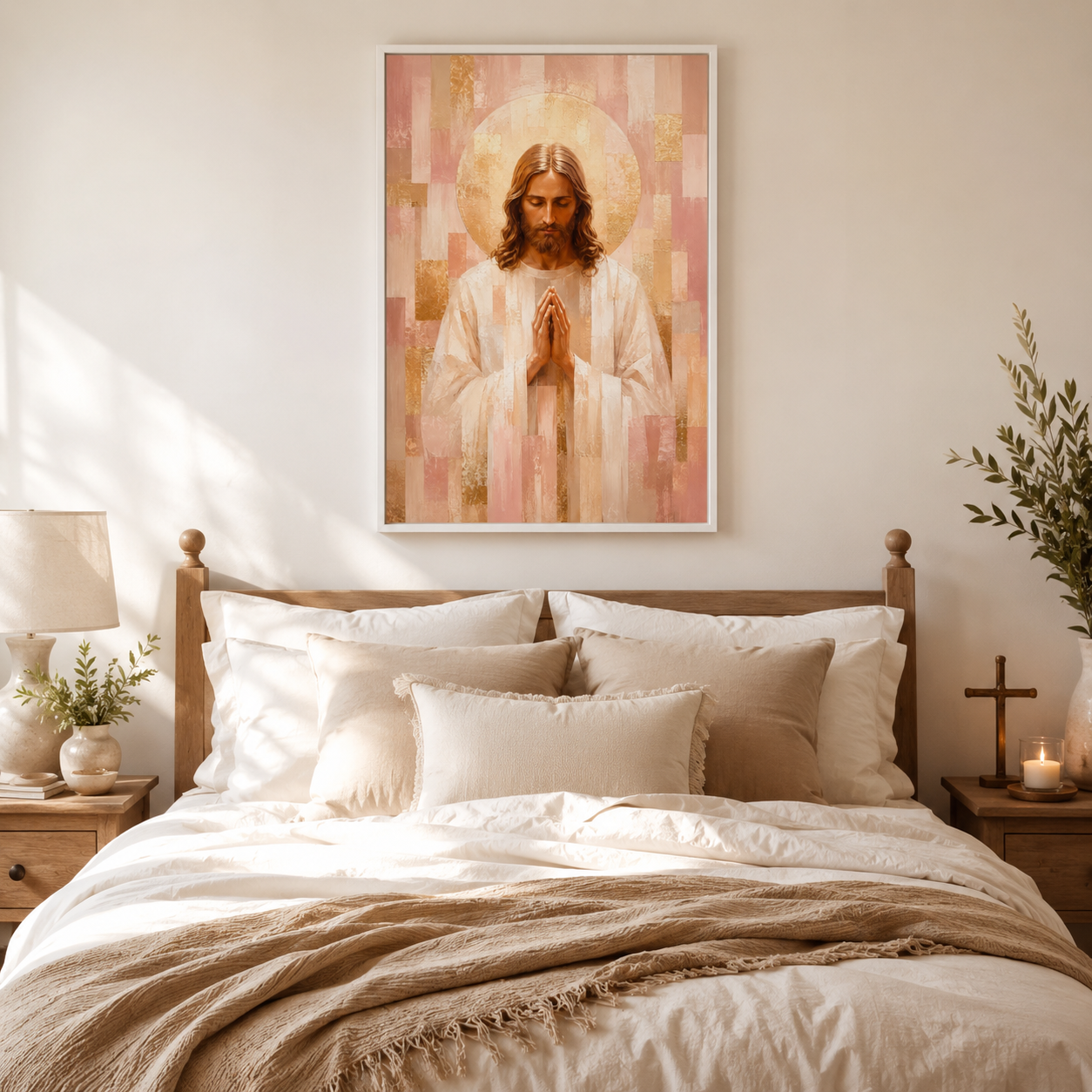 Blush Pink and Gold Geometric Praying Jesus Canvas - Modern Christian Decor
