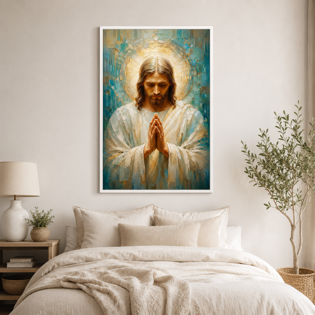 Impasto Jesus in Prayer Canvas Print - Blue Religious Wall Decor