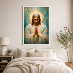 Impasto Jesus in Prayer Canvas Print - Blue Religious Wall Decor