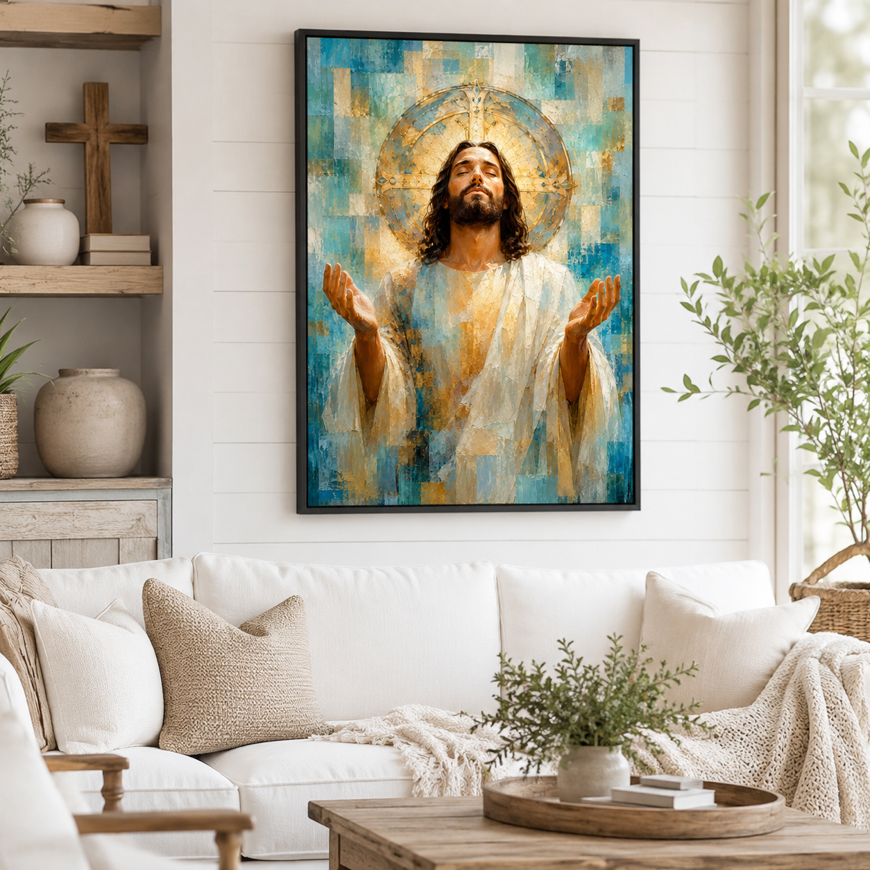 The Divine Embrace: Premium Blue & Gold Jesus Canvas