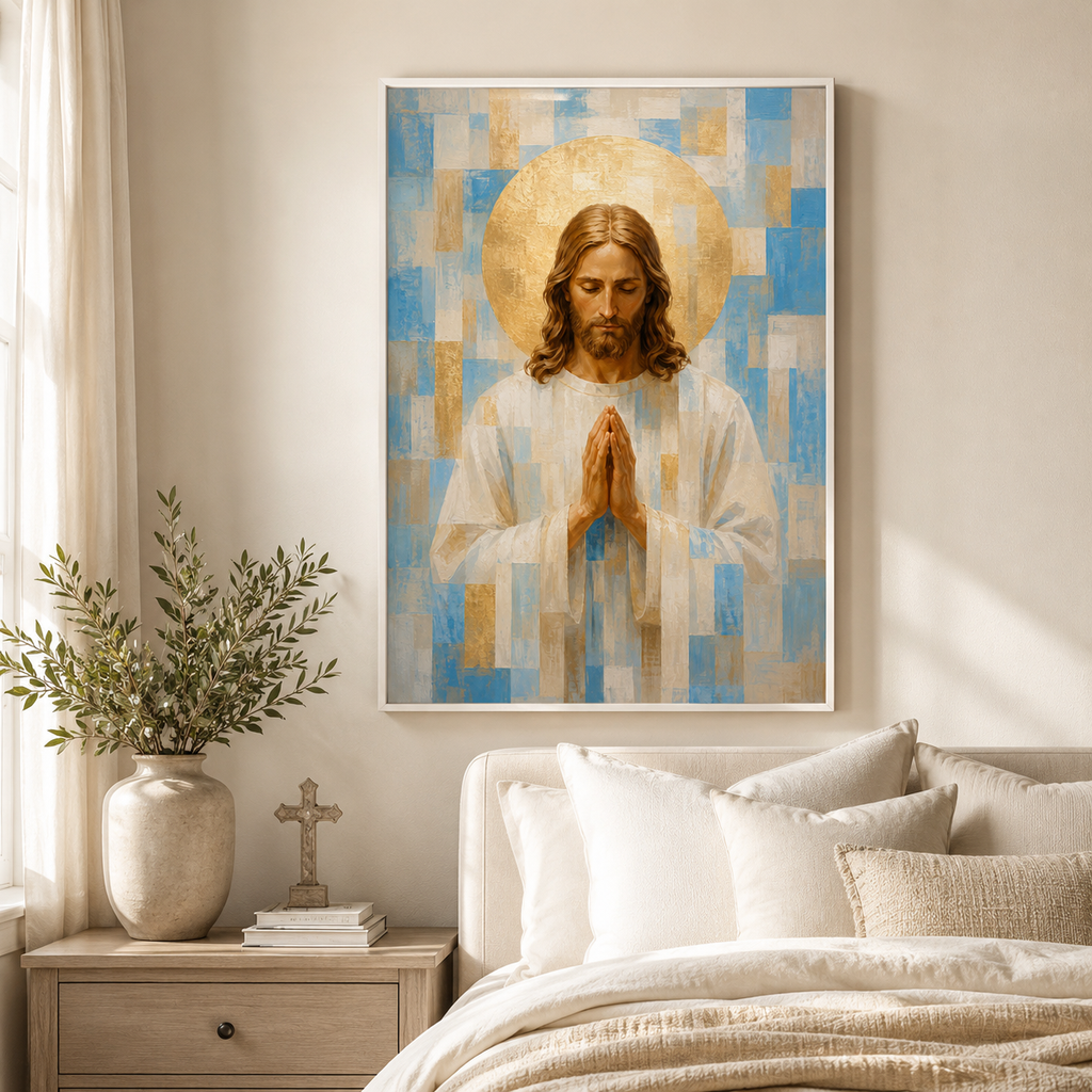 Light Blue and Gold Geometric Praying Jesus Canvas - Modern Christian Decor