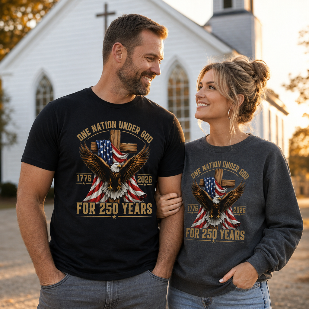 One Nation Under God for 250 Years Unisex T-shirt, Women's T-shirt, Unisex Long Sleeve, Sweatshirt, Hoodie, Zip Hoodie