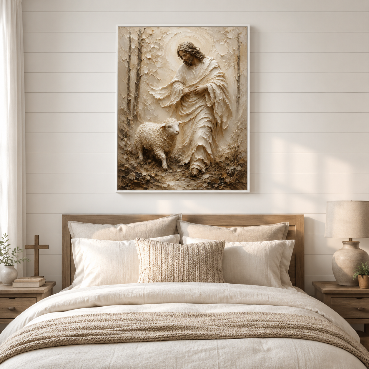 Jesus and Lamb Impasto Style Canvas Print - Modern Farmhouse Religious Art