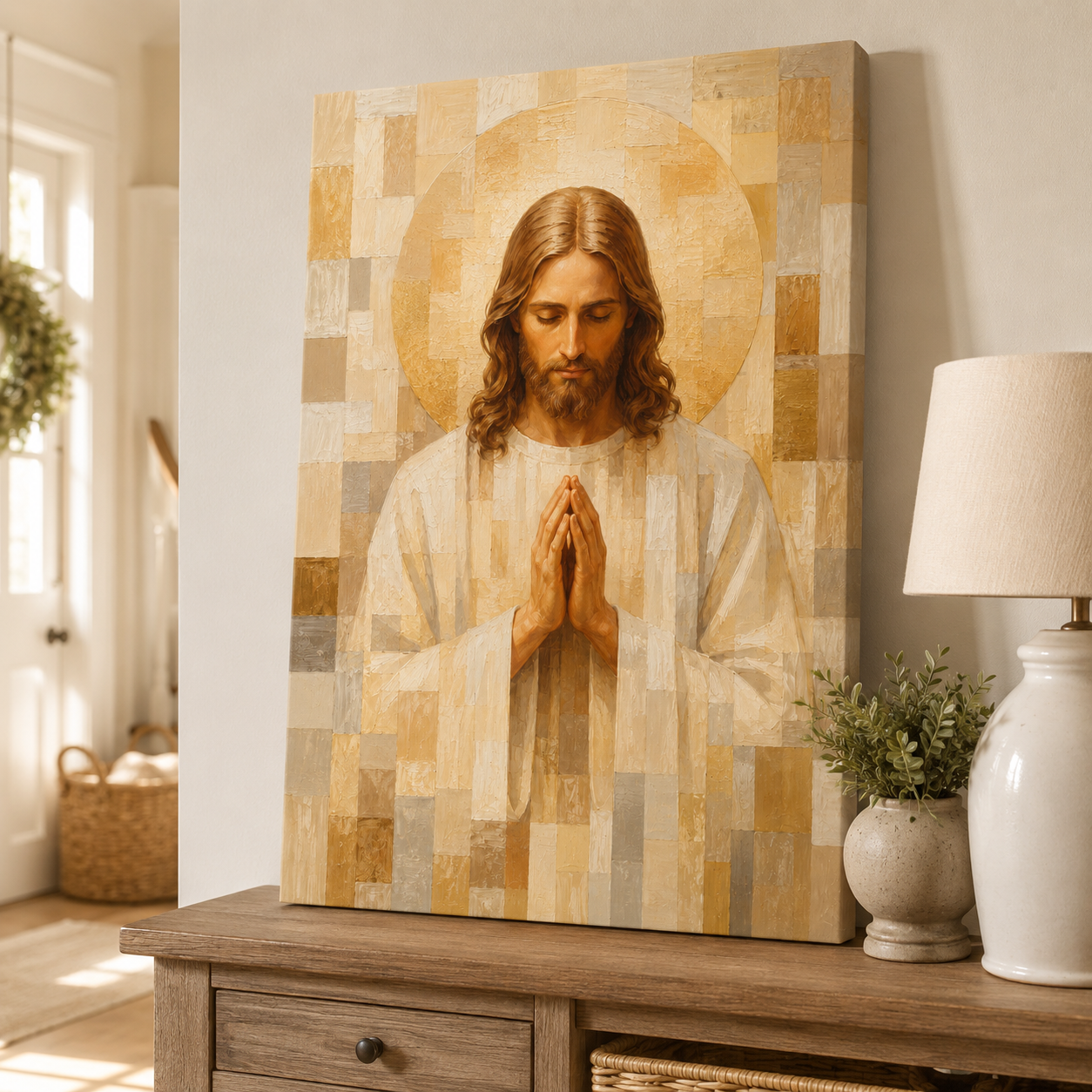 Neutral Geometric Praying Jesus Canvas Wall Art - Modern Christian Decor