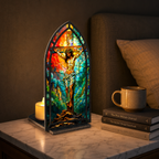 Sacred Heart Jesus Tabletop Decor: Stained Glass Aesthetic (Premium Acrylic & Wood - No Candles))