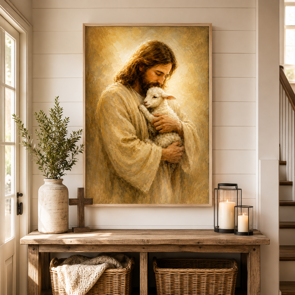 The Good Shepherd Jesus and Lamb Canvas Wall Art - Christian Home Decor