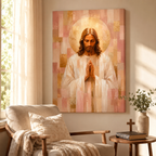Blush Pink and Gold Geometric Praying Jesus Canvas - Modern Christian Decor