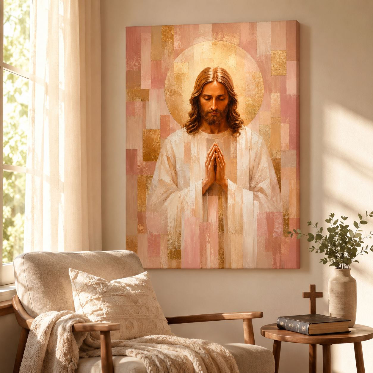 Blush Pink and Gold Geometric Praying Jesus Canvas - Modern Christian Decor