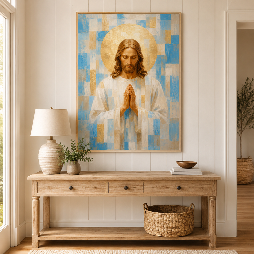 Light Blue and Gold Geometric Praying Jesus Canvas - Modern Christian Decor