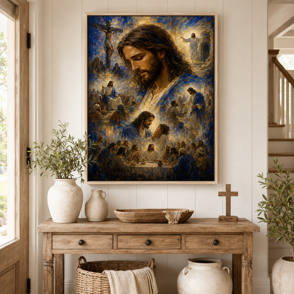 Impressionist Jesus Journey Montage Canvas Print - Blue Religious Wall Decor